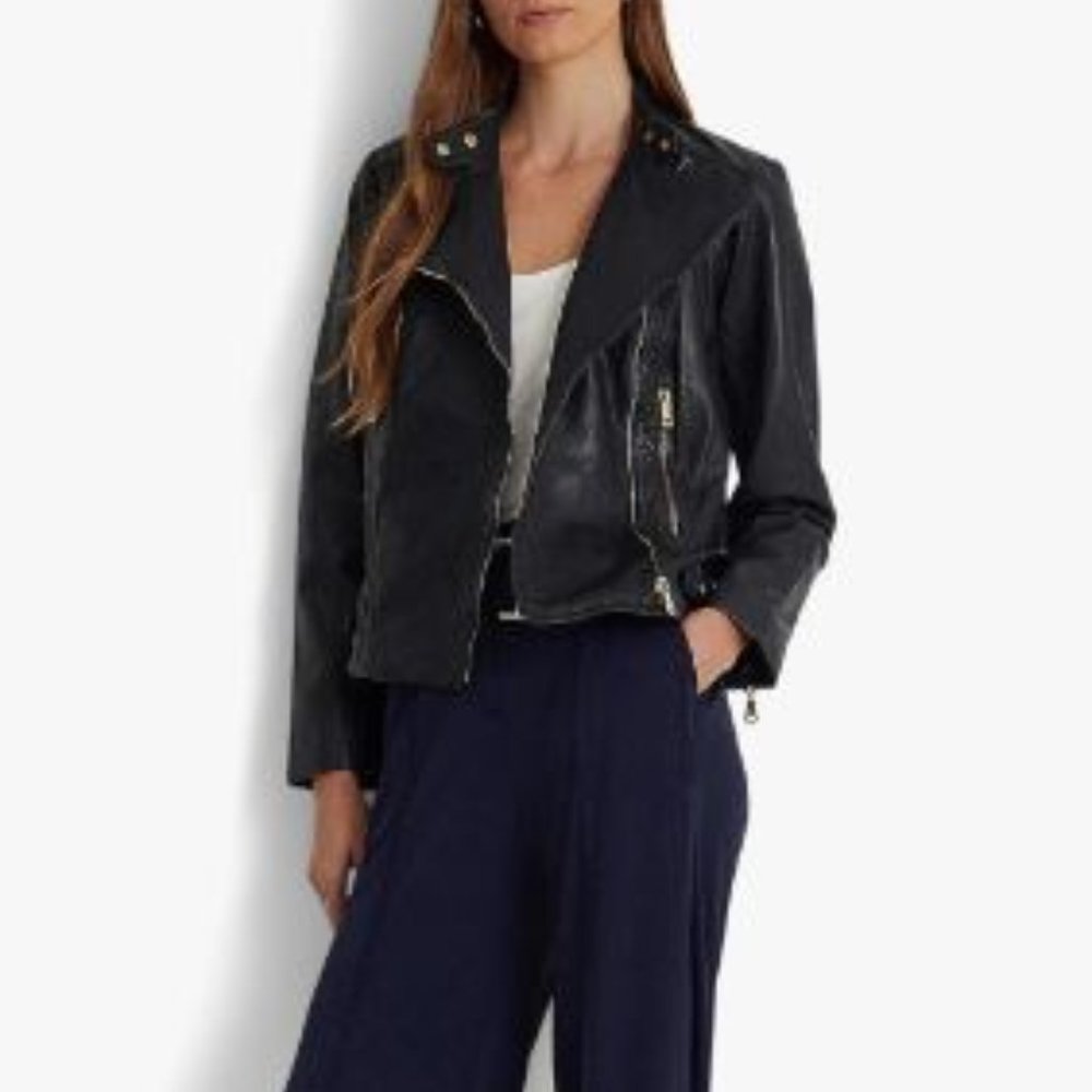 LAUREN Ralph Lauren Tumbled Leather Moto Jacket, Dark Navy - Picture 2 of 11